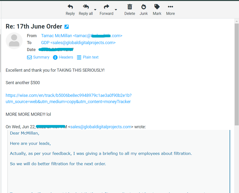 Transaction screenshot for McMillan Tamac