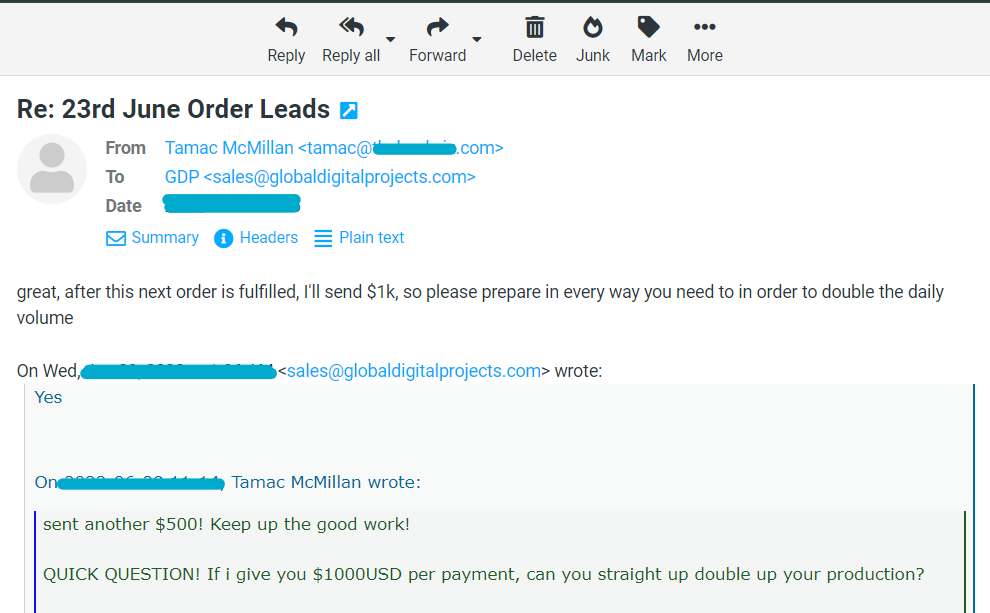 Transaction screenshot for JPG Designs